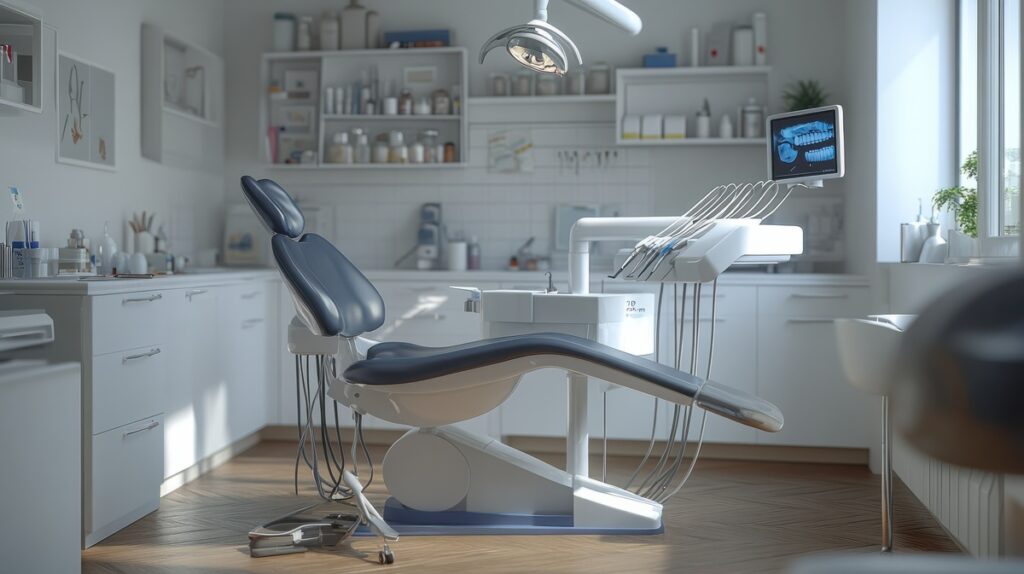 Dental tools and equipment in the dentist office background