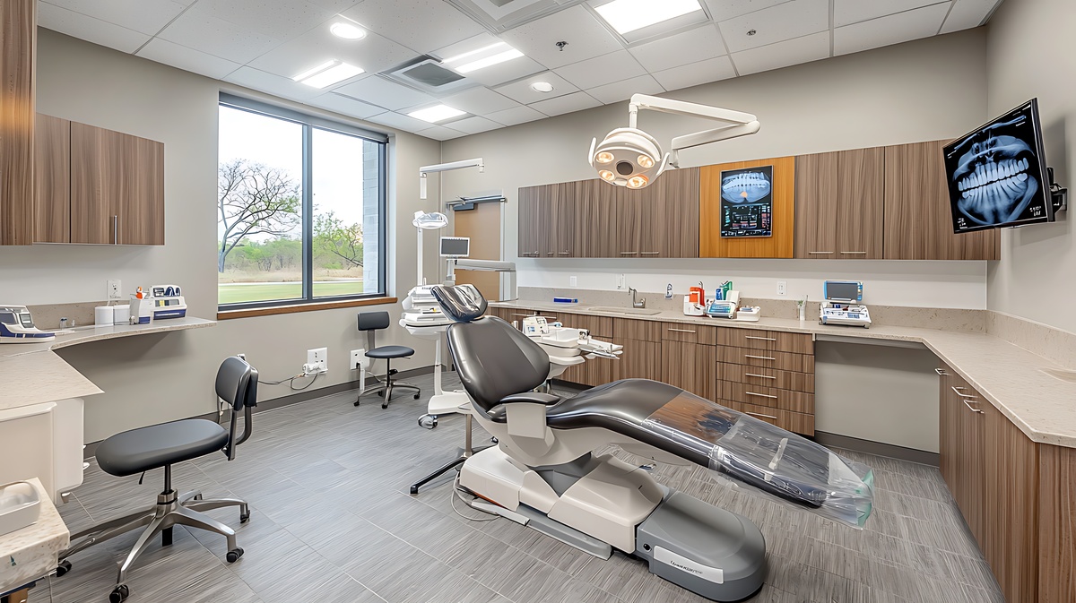 Modern dental office interior with chair, equipment, and window.